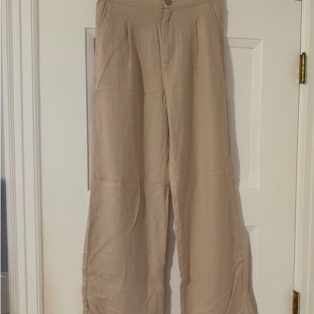 Love tree Medium Wide Leg Beige Linen-Blend Pants